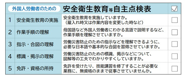 外国人労働者のための安全衛生教育等自主点検表