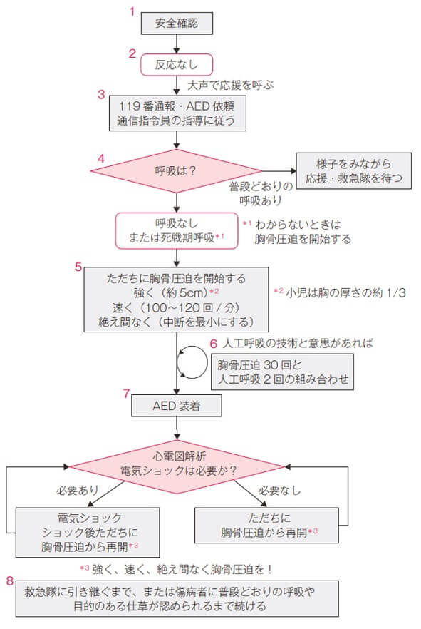 主に市民が行う一次救命処置（BLS）の手順